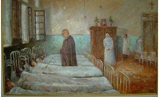 Tela do Monsenhor Albino em visita a Enfermaria do Hospital Padre Albino, nos anos 1950.